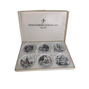 Fürstenberg Porzellan 6 Coasters Zweibrücken Landmarks White Black West Germany